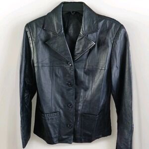 Jacqueline Ferrar Women's Leather Jacket Size Medium Black Button Up Pockets EUC